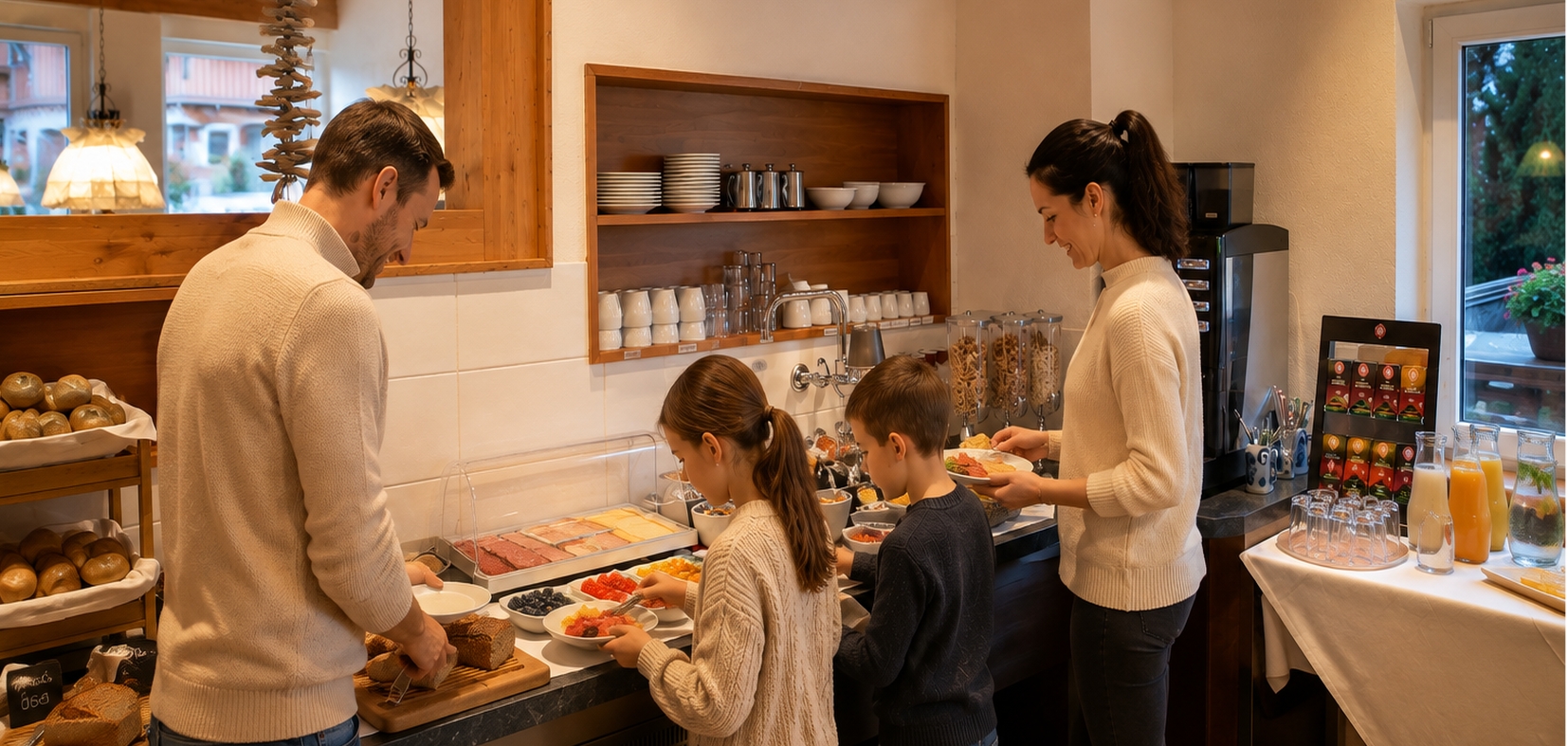 Urlaub mit Halbpension im Tannheimer Tal: Bergheim Tirol bietet Frühstücksbuffet und Abendessen im Übernachtungspreis für Hausgäste.
